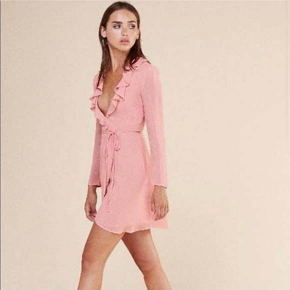 REFORMATION Crepe Ruffle V-Neck Long Sleeve Wrap Tie Waist Fit & Flare Dress XS - Picture 4 of 7
